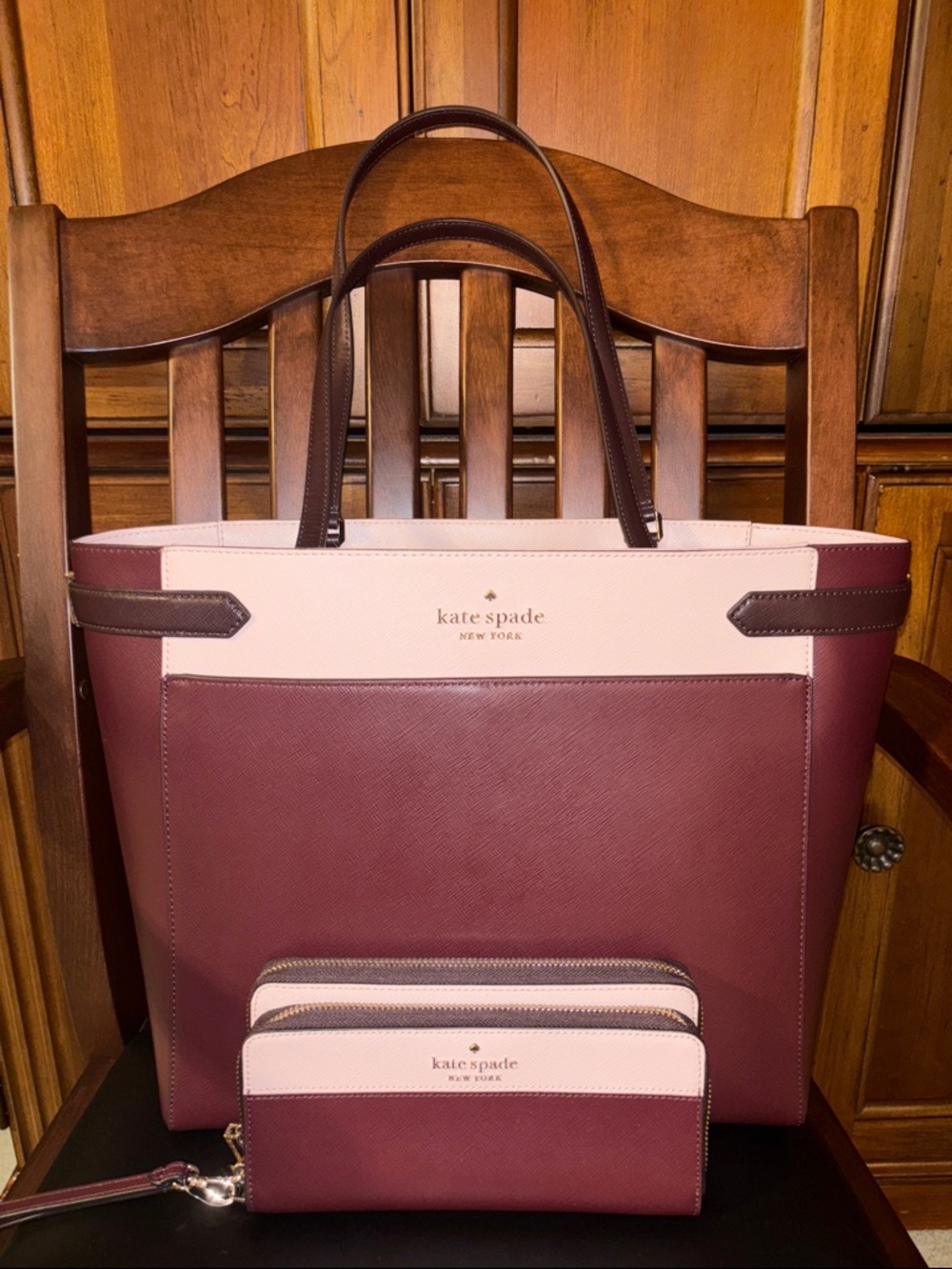 Kate Spade New York Burgundy & Blush Tote Bag + Matching Wallet Set